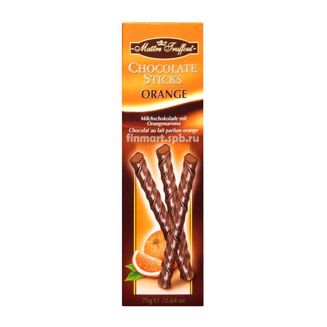 Шоколадные палочки с апельсиновой начинкой Maitre Truffout Chokolate Sticks - 75 гр.