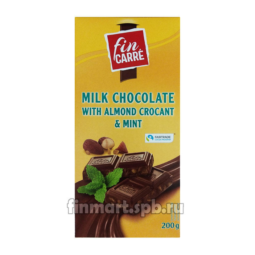 Молочный шоколад Fin carre (дроблёный миндаль и мята) - 200 гр. 