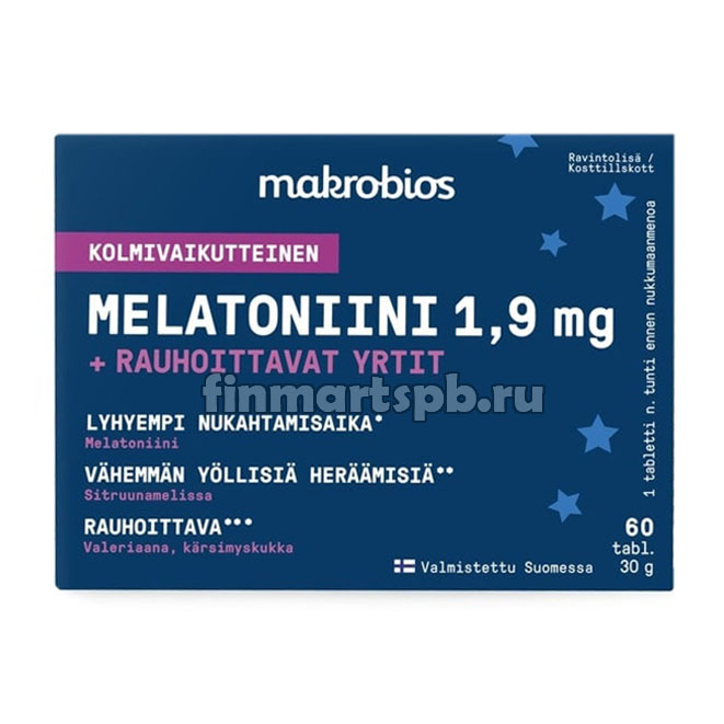 Витамины для улучшения сна Makrobios Melatoniini + rauhoittavat yrtit 1.9 mg